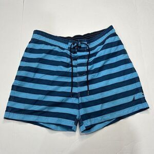 NAUTICA Men’s Swim Suit Trunk LARGE Blue Stripe Sail Logo On Leg